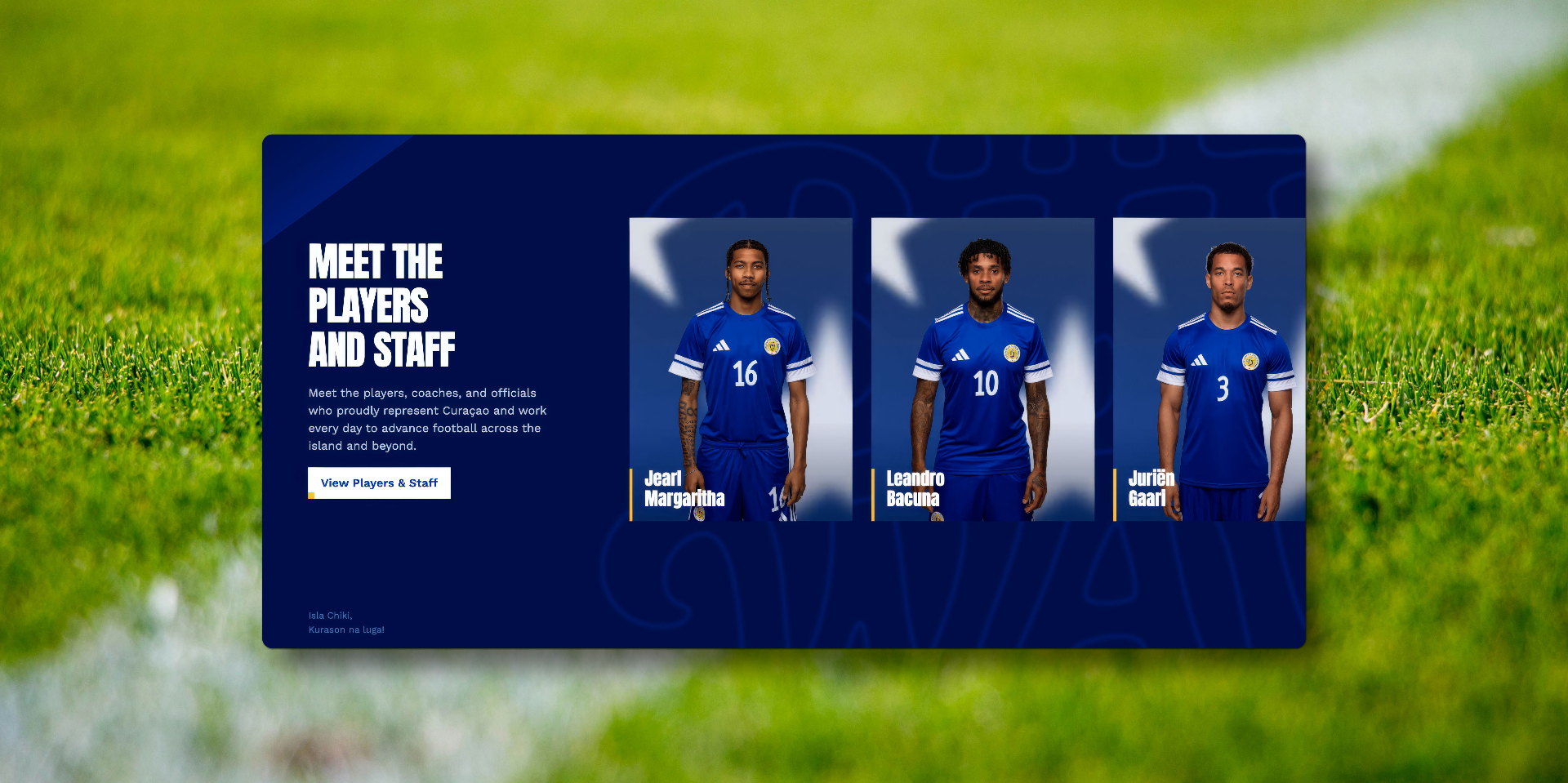 Blue Wave Meet the Players and Staff page with player portraits on a Curaçao-pattern background