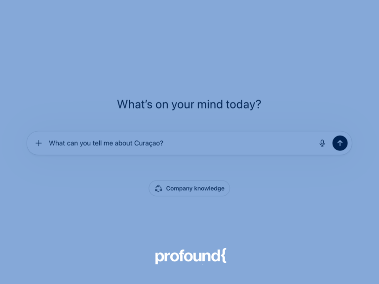 Screenshot of a clean AI chat interface displaying the prompt “What’s on your mind today?” with a suggested query about Curaçao and a “Company knowledge” option, branded with the Profound logo.